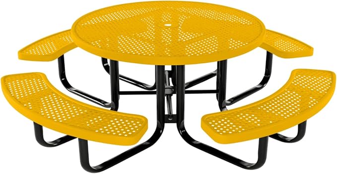 COATEDOUTDOORFURNITURE Heavy-Duty Portable Outdoor Kids Table with Umbrella Hole, Punched Steel Kids Picnic Table, Commercial-Grade, Made in America (46 in, Round, Childrens, Yellow)