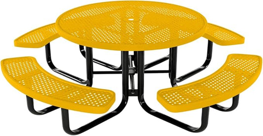 COATEDOUTDOORFURNITURE Heavy-Duty Portable Outdoor Kids Table with Umbrella Hole, Punched Steel Kids Picnic Table, Commercial-Grade, Made in America (46 in, Round, Childrens, Yellow)