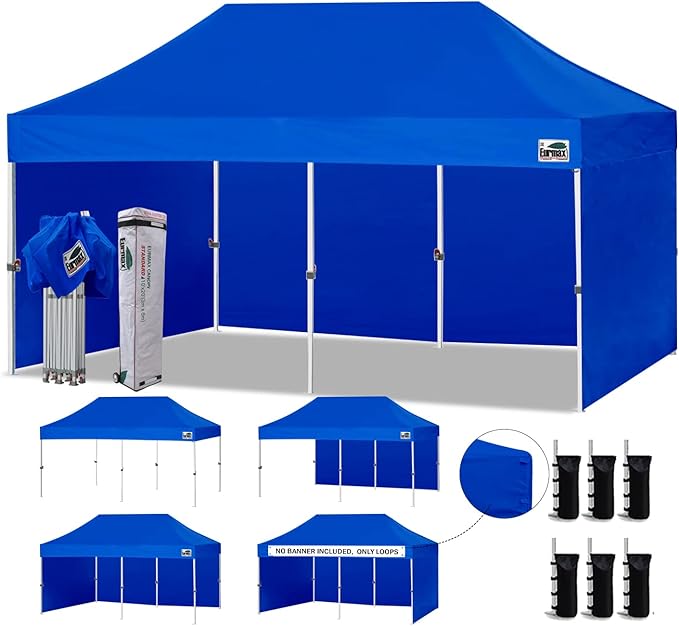 Eurmax USA 10'x20' Pop-up Canopy Tent Commercial Instant Canopies with 4 Removable Zipper End Side Walls and Roller Bag, Bonus 6 SandBags(Blue)
