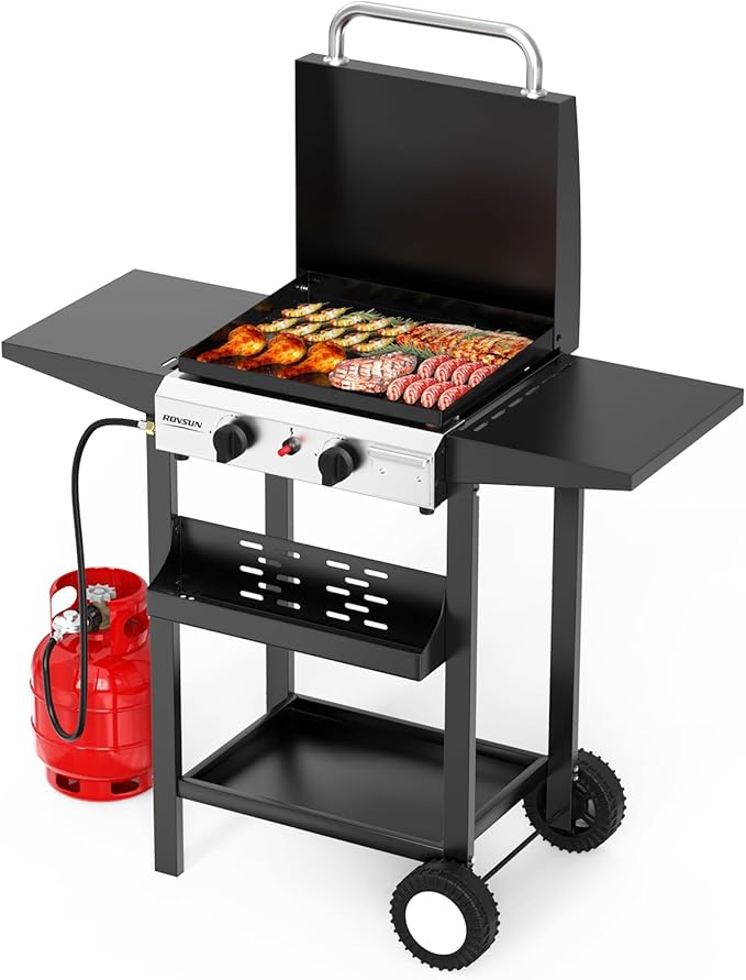 ROVSUN 2 Burner Portable Propane Griddle with Enameled Tray & Lid, 20000 BTU Rolling Flat Top Gas Grill with Electronic Ignition, Side Shelves & Regulator for Outdoor Cooking Camping BBQ Tailgating