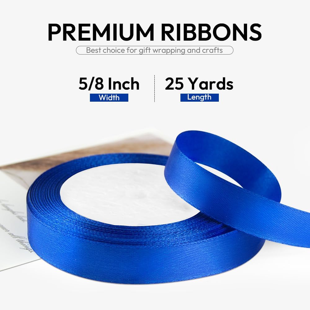 5/8 Inch 25 Yards Satin Ribbon Dark Blue, Solid Color Fabric Ribbon for Gift Wrapping, Wedding, Polyester Gift Ribbon for Birthday Party Decoration, Craft, Hair, Floral, Sewing