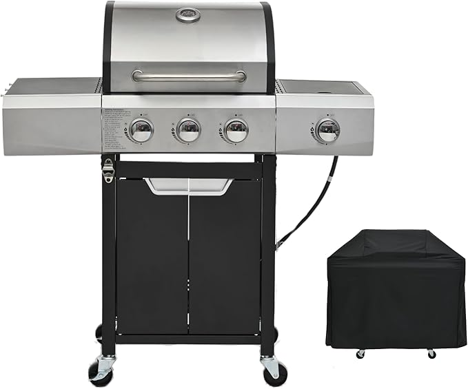 3 Burner Propane Gas Grill with Side Burner & Cover, Stainless Steel BBQ Grill, 40500 BTU Outdoor Gas Grill for Backyard, Patio, Camping & Outdoor Cooking