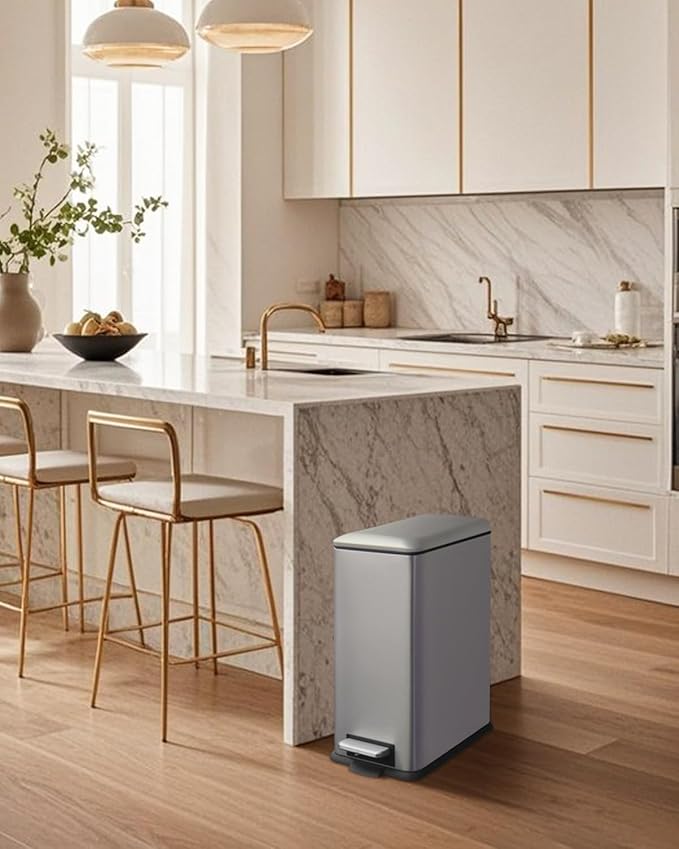 8 Gallon Trash Can with Lid, Stainless Steel Bathroom Garbage Can with Removal Inner Bucket, Soft Close Lid, Step on Trash Bin for Kitchen, Office, Laundry, 30 Liter Capacity, Kohler Grey