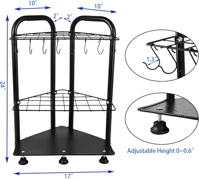 Garden Tool Organizer Rack, Garage Yard Tool Storage and Organization,2-Tier Metal Stand with Hooks, Black
