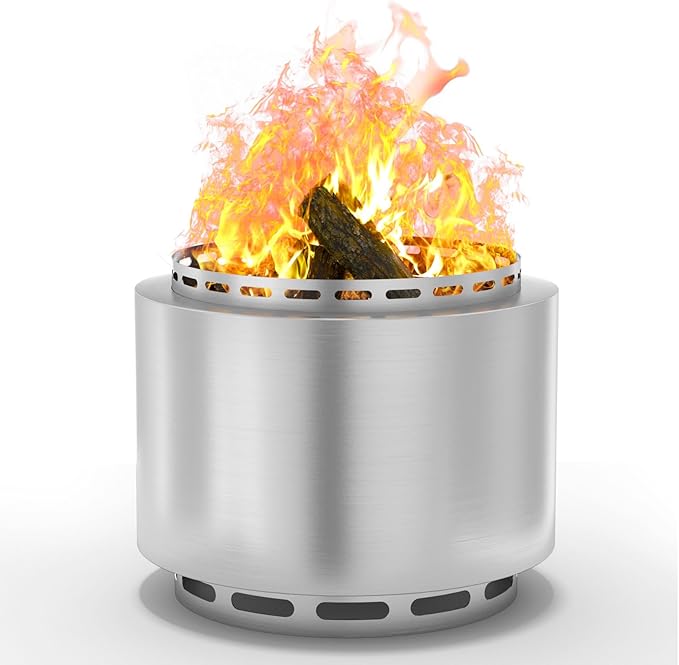 ALAULM Smokeless Fire Pit, 19 Inch Portable Fire Pit for Outside Wood Burning, Includes Ash Poker & Waterproof Cover, No Assembly Required, Solo Stove for Camping, Backyard & Patio (Silver)