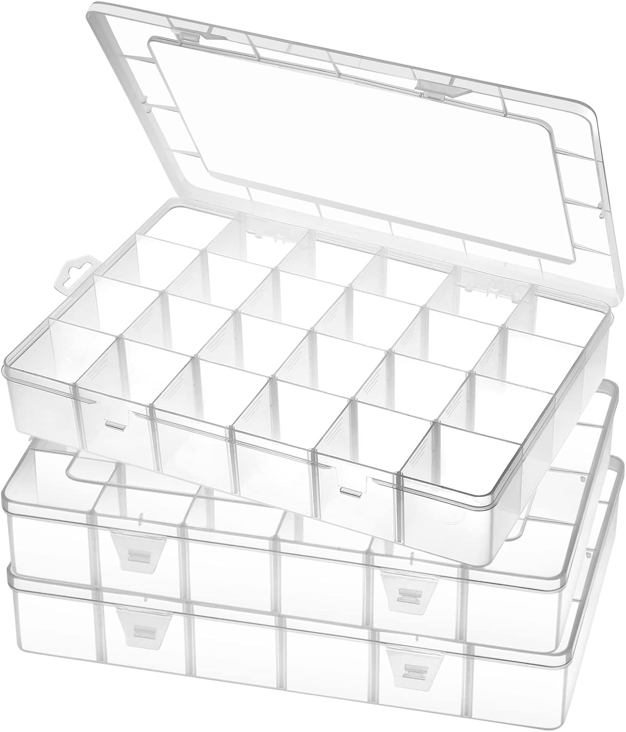 Large 24 Grids Plastic Organizer Box Adjustable Dividers,Clear Storage Box for Jewelry, Art DIY Crafts, Washi Tapes, Beads and Small Parts(3 Pack)