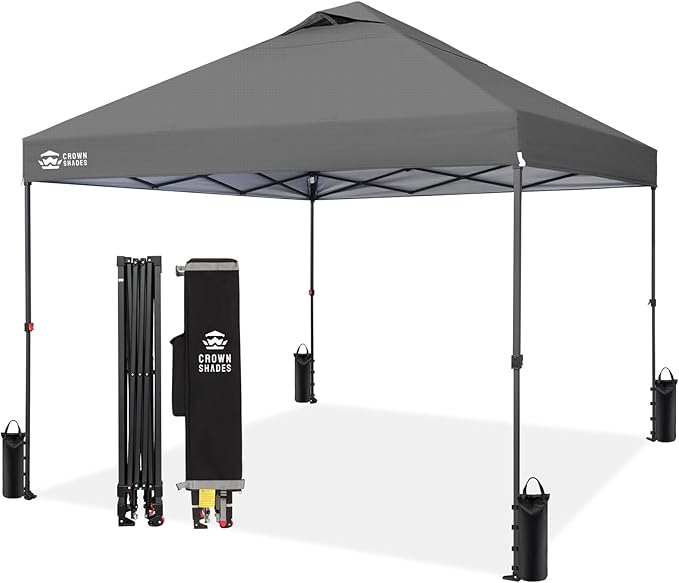 CROWN SHADES 10x10 Pop Up Canopy Tent - Patented Center Lock One Push Instant Outdoor Canopy Beach Tent with STO-N-Go Bag 8 Stakes & 4 Sand Bags，Grid Grey