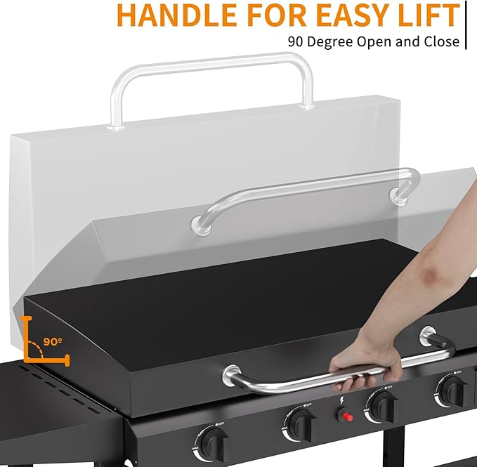 4 Burner BBQ Gas Griddle with Hood, 30 Inch Stainless Steel Portable Detachable Propane Griddle, 60,000 BTU Flat Top Grill with Lid for Camping, Black