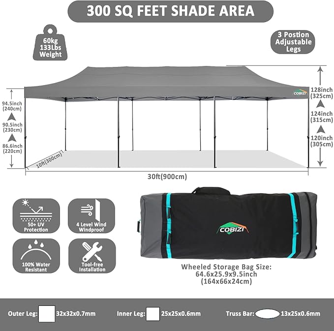 COBIZI 10x30 Pop up Canopy Tent 10x30 Canopy No Sidewall Waterproof Heavy Duty Commercial for Parties Outdoor Garden Gazebo Tent, Carry Bag with Wheel(10x30ft No Sidewalls, Gray)