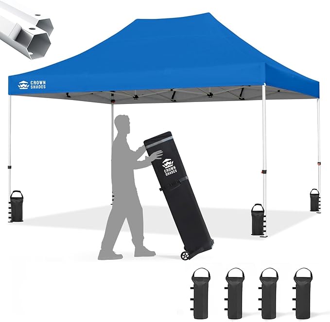 CROWN SHADES 10x15 Pop Up Canopy Tent, Thicken Frame Commercial Heavy Duty Tent, 8 Stakes & 4 Sandbags & 4 Ropes, Outdoor Canopies for Events, Parties,Blue