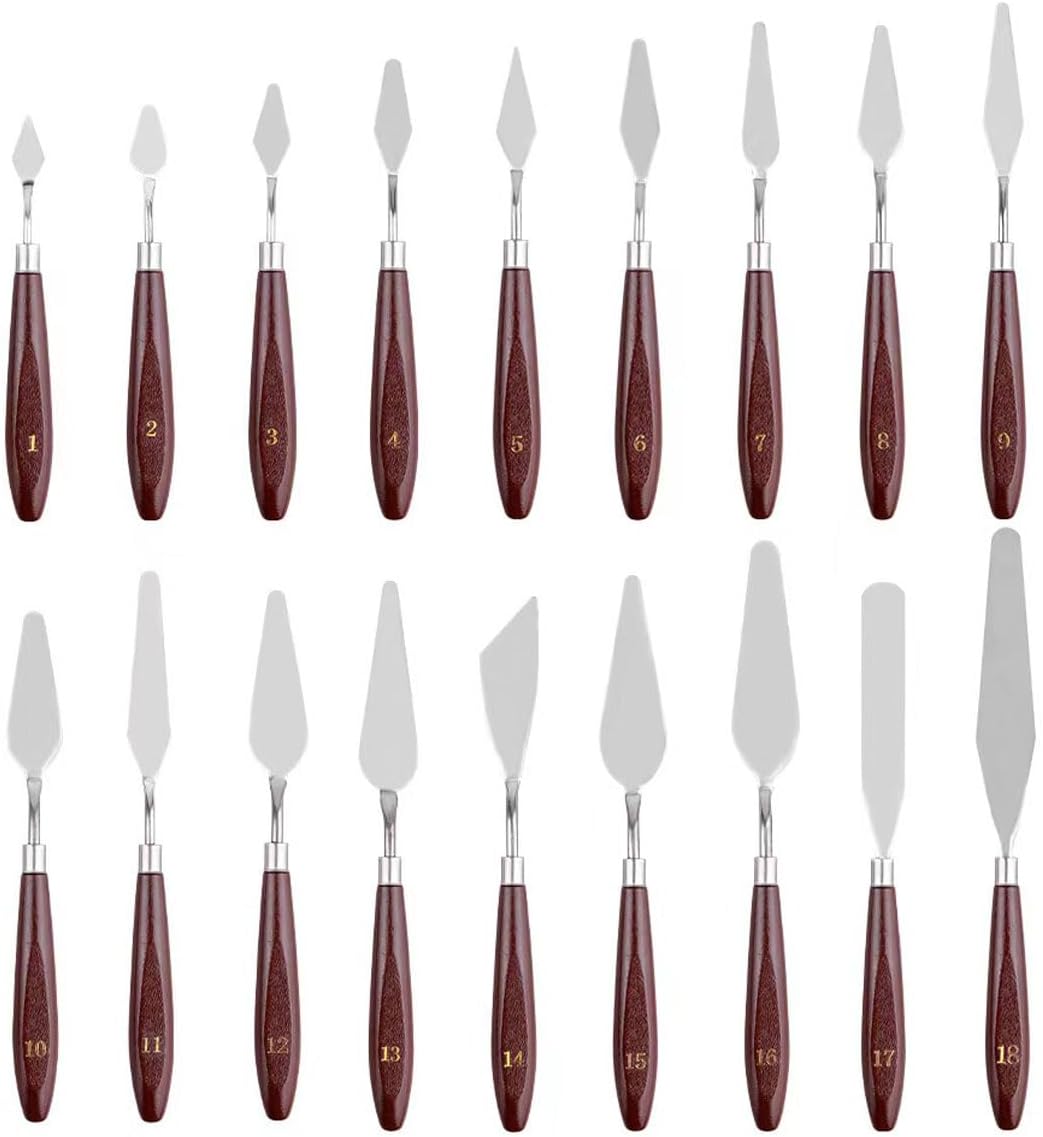 18 Piece Painting Knives Stainless Steel Spatula Palette Knife Professional Palette Knife Painting Wood Handle Oil Painting Accessories Color Mixing Set for Oil Canvas Acrylic Painting