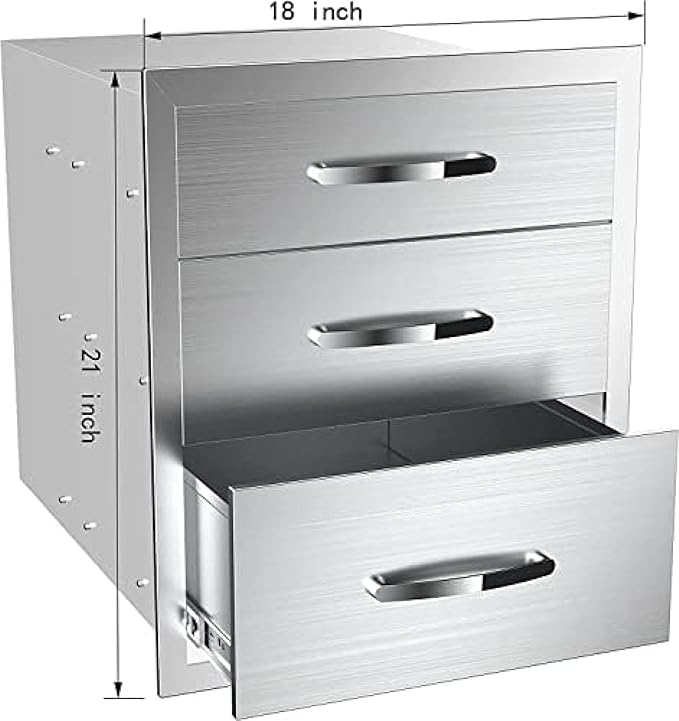 BBQ Outdoor Kitchen Drawers Stainless Steel 3-Drawer Enclosed Built-in Flush Mount for Outdoor Kitchens & BBQ Islands, 18Wx23Dx21H