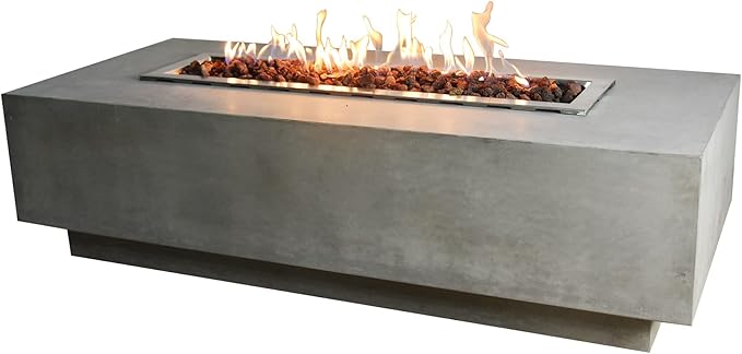 Elementi Granville 60 in Rectangular Concrete Propane Fire Pit Table + 42 in Stainless Steel Fire Pit Cover + Tempered Glass Wind Screen Guard