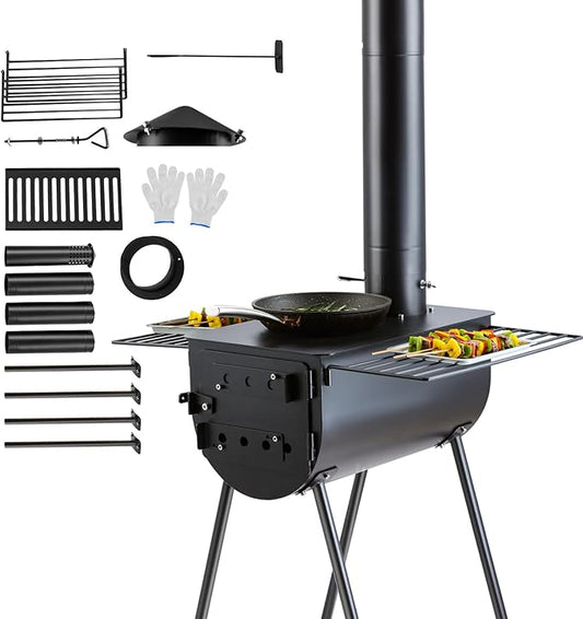VEVOR 118" Camping Wood Stove, Portable Alloy Steel Tent Stove with 3000in³ Firebox, Outdoor Heating & Cooking Stove with Chimney Pipes & Gloves, Includes 8 Pipes for Efficient Heating