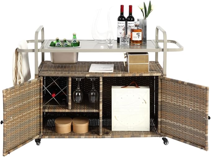 Outdoor Table, Wicker Cart with Cabinet, Patio Serving Cart with Steel Top, Lockable Wheels, Side Basket for Garden, Poolside & Backyard, Beige