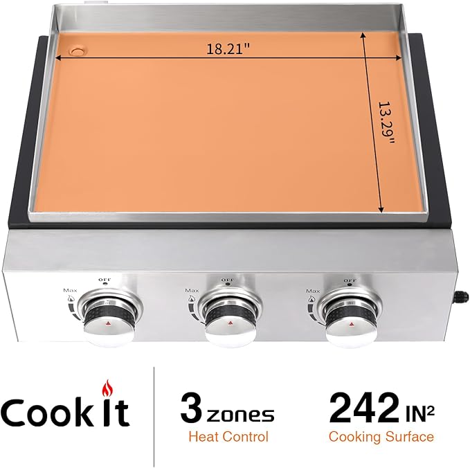 3-Burner Portable Tabletop Gas Griddle Grill with Stainless Steel Cooking Surface - Includes Protective Cover & Regulator, for Camping, Tailgating, Outdoor Cooking