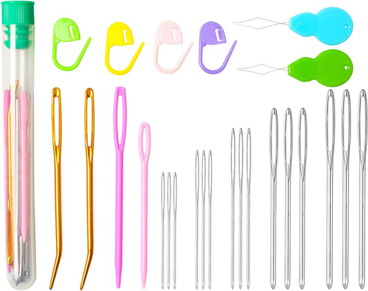 Hekisn 25Pcs Large Eye Blunt Yarn Needles kit, Assorted Sizes Bent Tapestry Darning Needle, Sewing Needles with Needle Threaders & Stitch Markers for Knitting Crochet (Green)