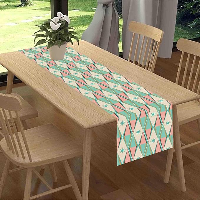 Geometric Table Runner, Retro Mid Century 1950s Modern Abstract Teal Pink Checkboard Coffee Table Center Decor for Home Kitchen Dining Patio Holiday Party Table Decorations, 13"x90" Inch