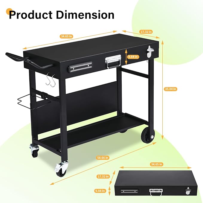 VINGLI Outdoor Grill Table Cart, Foldable Grill Cart with Wheels, Rolling Table for Ninja, Blackstone Griddle, Pizza Oven Stand, Food Prep Table w/Bottle Opener, Seasoning Tray, Rubbish Bag Holder