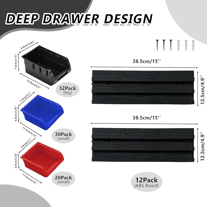 94 Pcs Wall Mounted Storage Bins, Garage Organizer System with Black, Blue, Red Plastic Bins, ABS Material, 30.7 x 30.7 x 5.9 Inch, for Nuts and Bolts Storage