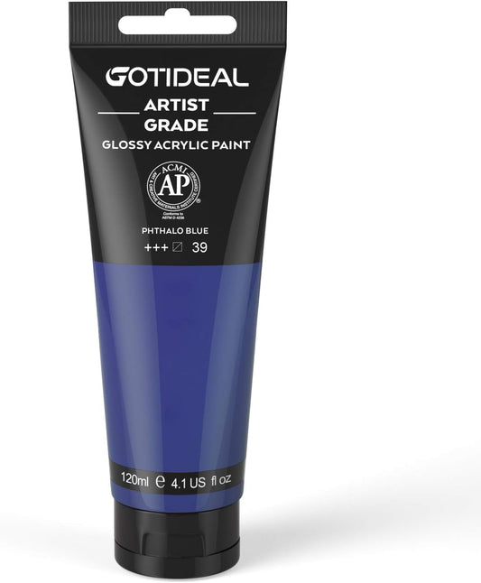 GOTIDEAL Acrylic Paint Phthalo Blue Tubes(120ml, 4.1 oz) Non Toxic Non Fading,Rich Pigments for Painters, Adults & Kids, Ideal for Canvas Wood Clay Fabric Ceramic Craft Supplies (Phthalo Blue)