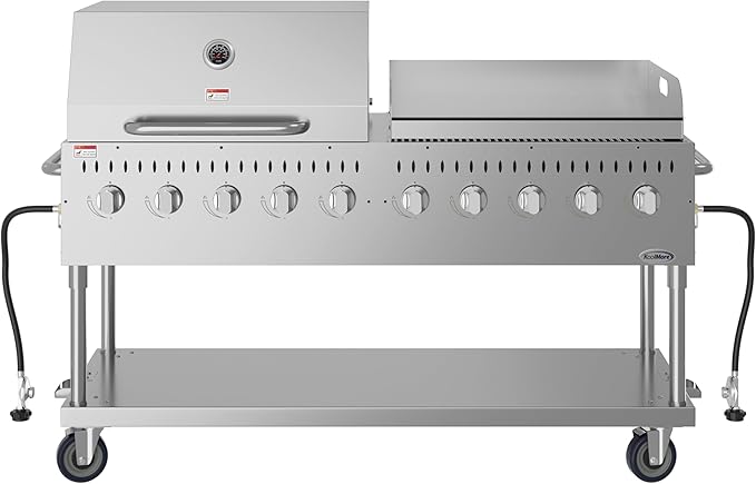 72 in. 10-Burner Commercial Outdoor Propane Gas Grill With 36 in. Roll Dome Cover and 36 in. Griddle in Stainless-Steel, ETL Listed (CGKIT7-D36G36)
