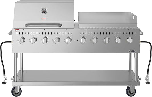 72 in. 10-Burner Commercial Outdoor Propane Gas Grill With 36 in. Roll Dome Cover and 36 in. Griddle in Stainless-Steel, ETL Listed (CGKIT7-D36G36)