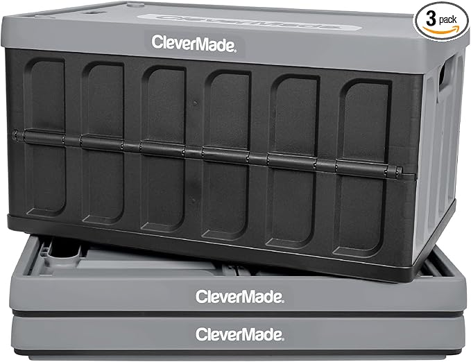 CleverMade Collapsible Storage Bins with Lids - Stone 3 Pack 62L - Plastic Containers Stackable Organization Crates Home Closet Space-Saving Durable
