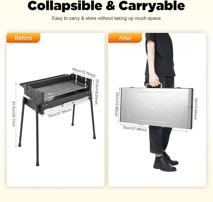 Foldable Charcoal Grills, Hibachi BBQ Portable charcoal grill, Height Adjustable Barbecue Grill for Camping Garden Backyard Party Picnic Travel Outdoor Cooking Hiking Beach