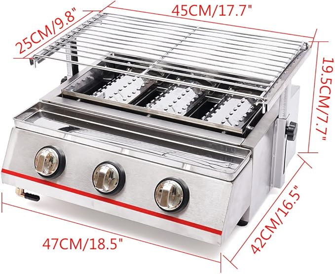 3-Burner Portable Gas Grill, Stainless Steel BBQ Gas Grill with Infrared Ceramic Heating, Portable Outdoor Grill for Camping Backyard, Adjustable Height & Oil Pan