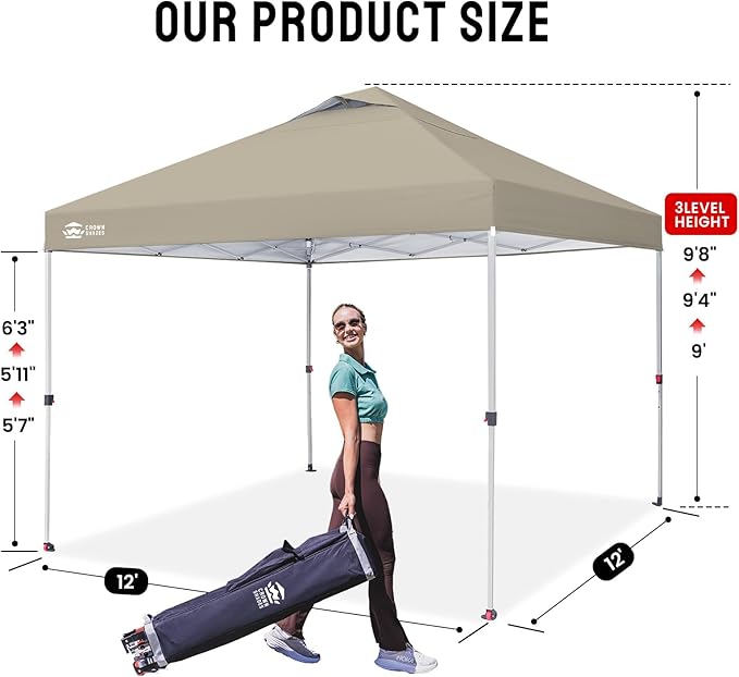 CROWN SHADES 12x12 Pop Up Canopy Outside Canopy, Patented One Push Tent Canopy with Wheeled Carry Bag, Bonus 8 Stakes and 4 Ropes, Beige