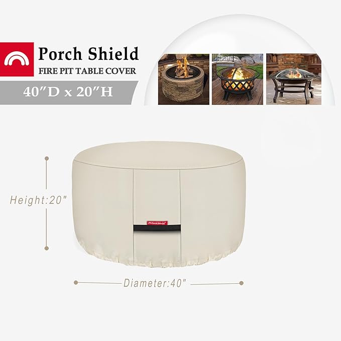Porch Shield Fire Pit Cover - Waterproof 600D Heavy Duty Fade Resistant Round Patio Fire Bowl Cover Beige - 40 inch