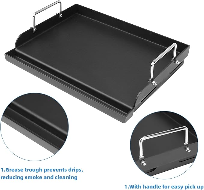 25" x 16" Griddle Plate for Gas Grill - Nonstick Coating Cooking Griddle for Charcoal/Electric Grill, Large Universal Flat Top Plate with Grease Groove and Removable Handles