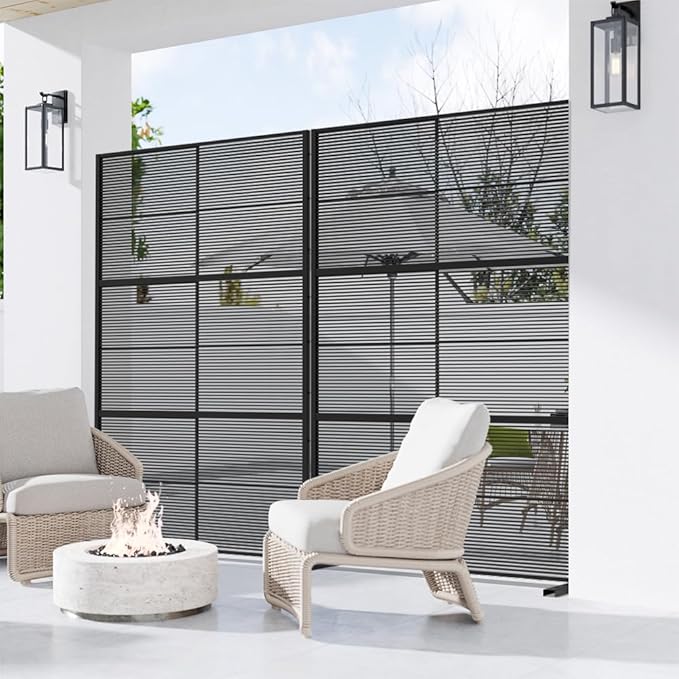 Casaphoria Metal Privacy Screen Outdoor, 72" H x 47" W Freestanding Decorative Privacy Screen for Patio Deck Balcony Garden with Stable Base, Black-Cross Stripe