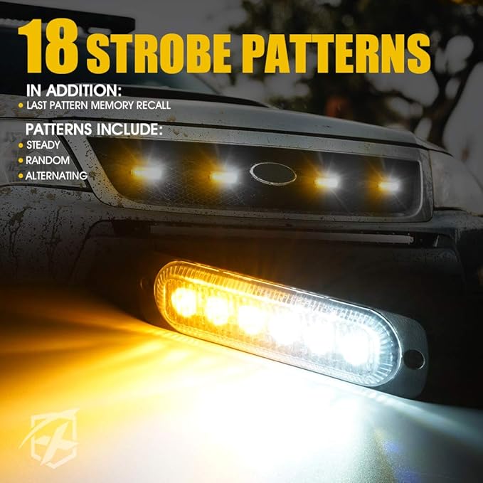 Xprite 10PCS LED Emergency Strobe Lights, Amber White 12-LED Surface Mount Flashing Lights, Sync Feature Ultra Slim Grill Light for Off-Road Vehicles, ATV, SUV, Trucks, Cars