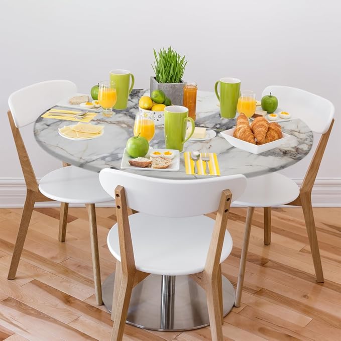 Natural Marble Texture Round Table Cloth Cover, Elastic Edge Waterproof Wipeable Tablecloths 45"-56" Polyester Tablecloth for Party Restaurant Banquet Holiday Camping Outdoor Picnic