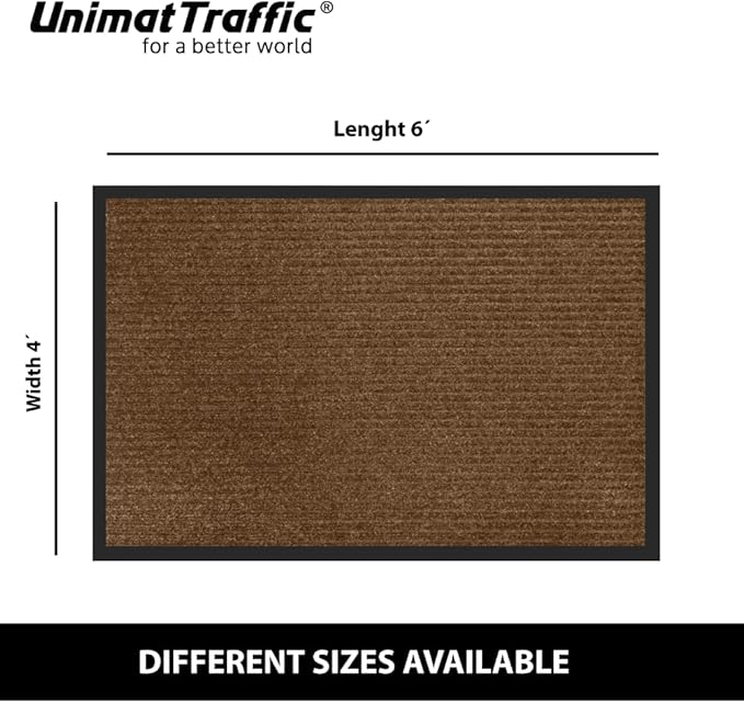 UNIMAT Tra c Guard Door Mat, 4´x 6´, Heavy Duty Waterproof Doormat, Stain and Fade Resistant Welcome Mats, Durable Rubber Backing, Low Pro le Entryway Rug, Shoe and Boot Scraper, Brown