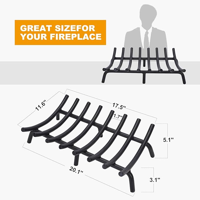 Fire Pit Grate - Fireplace Grate 20 Inch Heavy Duty Firewood Stove Log Holder Rack Solid Round Steel 3/4" Wrought Cast Iron Indoor Outdoor Camping Chimney Hearth Wood Burning Accessories Tools