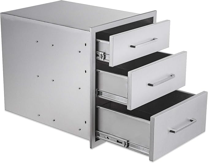 Outdoor Kitchen Drawers Stainless Steel 3-Drawer BBQ Drawer 18" W x 21" H x 23" D Enclosed Built-in Drawer Flush Mount for Outdoor Kitchens & BBQ Islands