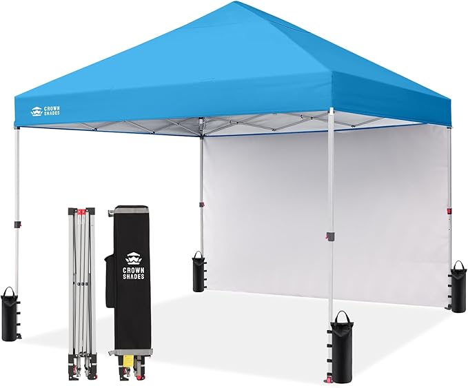 CROWN SHADES 8x8 Pop Up Canopy with 1 Side Wall - Beach Tent with One Push Setup - Outdoor Sun Shade for Events, Parties, Camping - Gazebo with STO-N-Go Cover Bag (Sky Blue)