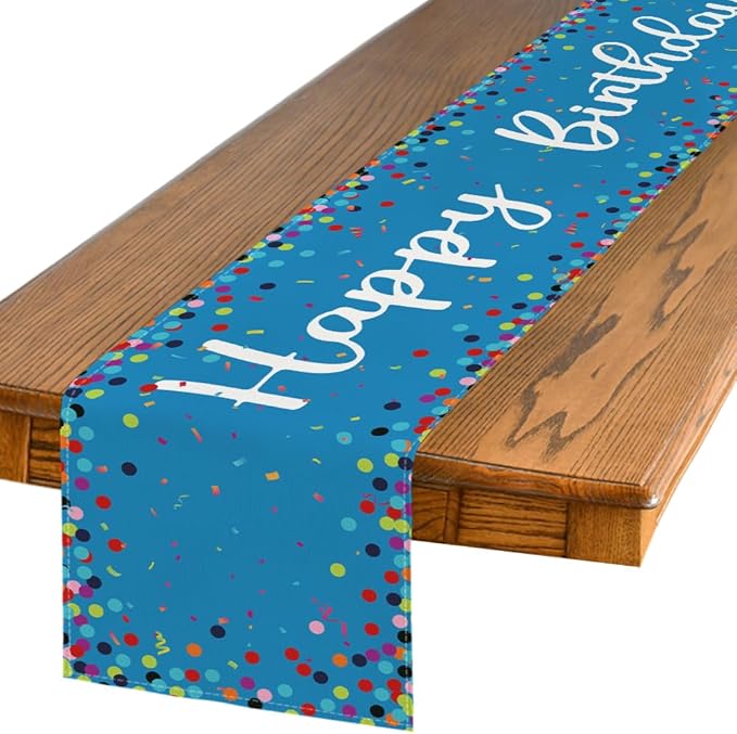 Artoid Mode Polka Dot Blue Happy Birthday Table Runner, Seasonal Winter Kitchen Dining Table Decoration for Home Party Decor 13x72 Inch