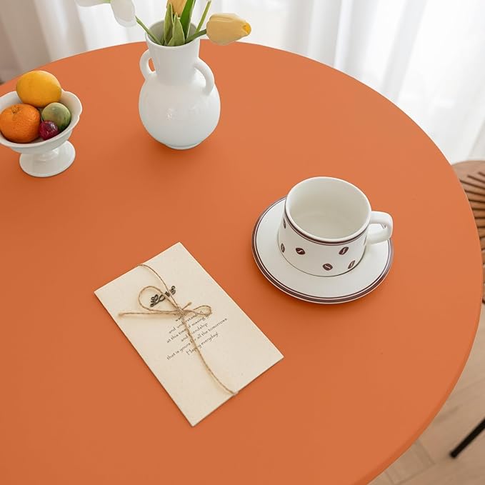 Fall Round Fitted PU Tablecloth with High Elastic Edge 39 Inch Dia Waterproof Oil Proof Table Cloth Anti-Scald Stain-Resistant Wipeable Table Cover for Indoor Outdoor Picnic (Orange,39" Dia)