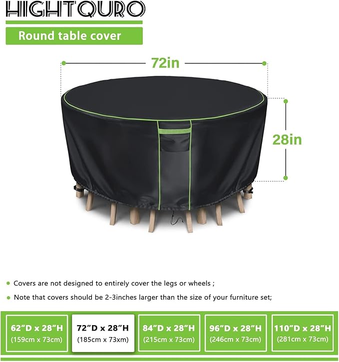 Round Patio Table Cover for Outdoor Table Chairs Set,600D Outdoor Furniture Cover Waterproof,Tear Resistance and Anti-UV,72" Dia x 28" H,Black