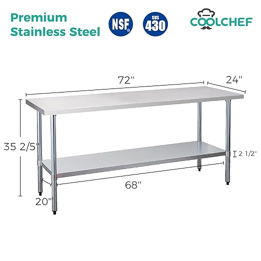 Stainless Steel Work Table 24 x 72 Inch, NSF Commercial Prep Table with Undershelf, Heavy Duty Food Prep Workstation