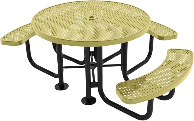 COATEDOUTDOORFURNITURE Heavy-Duty Portable Outdoor Picnic Table with Umbrella Hole, Punched Steel Patio Dining Furniture Made in America (46" Round Top, Textured Sandstone)