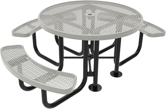 COATEDOUTDOORFURNITURE Heavy-Duty Portable Outdoor Picnic Table with Umbrella Hole, Expanded Metal Patio Dining Furniture Made in America (46" Round Top, Textured Grey)