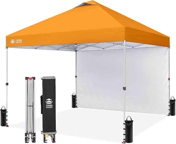 CROWN SHADES 10x10 Pop Up Canopy with 1 Side Wall - Beach Tent with One Push Setup - Outdoor Sun Shade for Events, Parties, Camping - Gazebo with STO-N-Go Cover Bag (Orange)