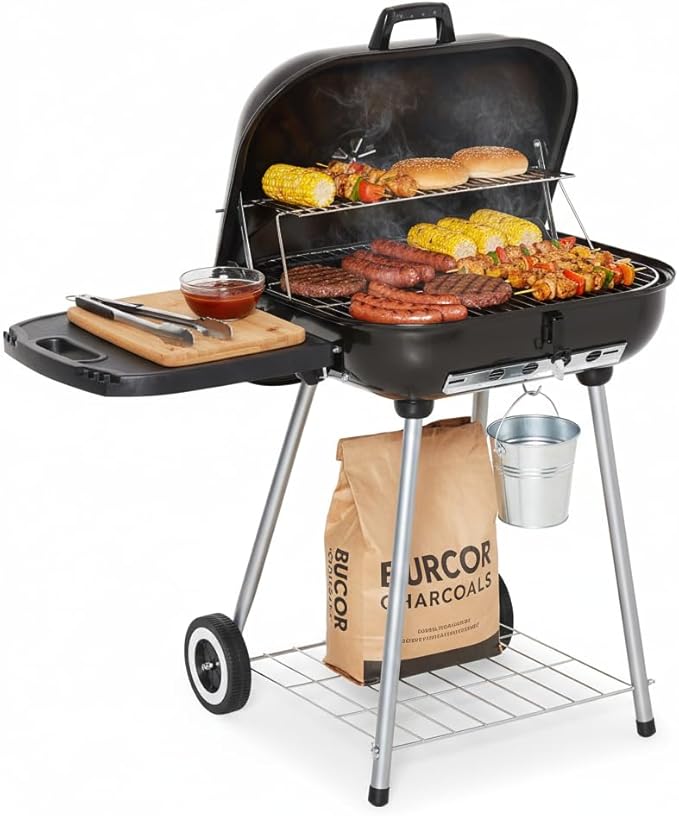 Portable Charcoal Grill with Wheels, 21-Inch BBQ Kettle Grill with Foldable Side Shelf & Warming Rack, Porcelain-Enameled Locking Lid & Adjustable Air Vent for Outdoor Camping, Patio, Backyard, Black