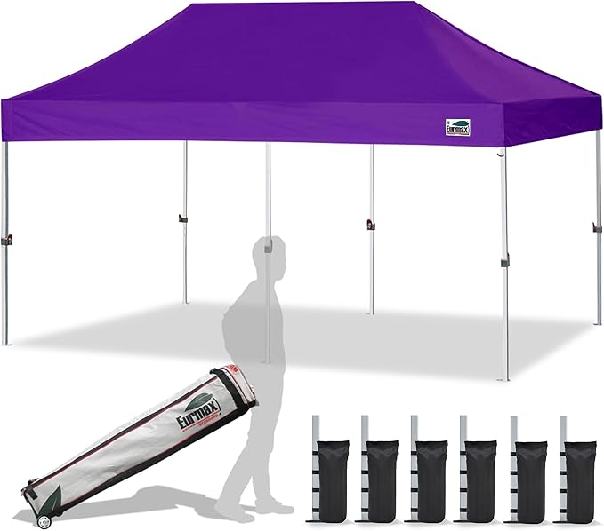 Eurmax USA 10'x20' Pop Up Canopy Tent Commercial Instant Canopies with Heavy Duty Roller Bag,Bonus 6 Sand Weights Bags (Purple