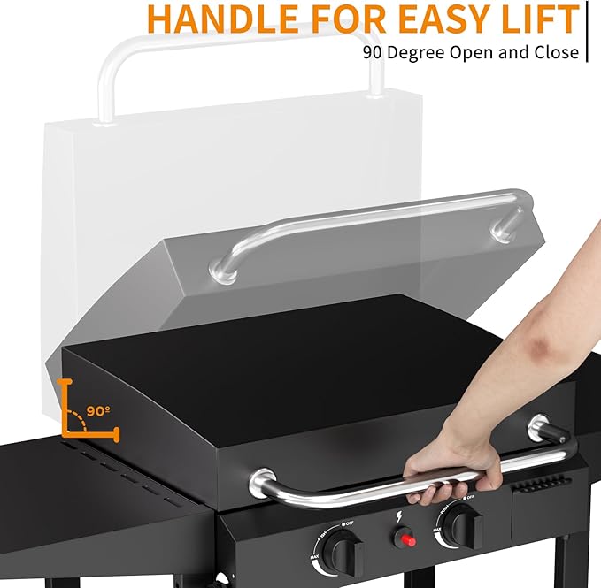 2 Burner BBQ Gas Griddle with Hood, 17.3 Inch Stainless Steel Portable Detachable Propane Griddle, 60,000 BTU Flat Top Grill with Lid for Camping, Black